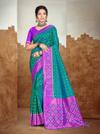 Sangam Prints Teal Blue Silk Woven Work Traditional Saree | Grocsy