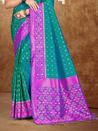 Sangam Prints Teal Blue Silk Woven Work Traditional Saree | Grocsy