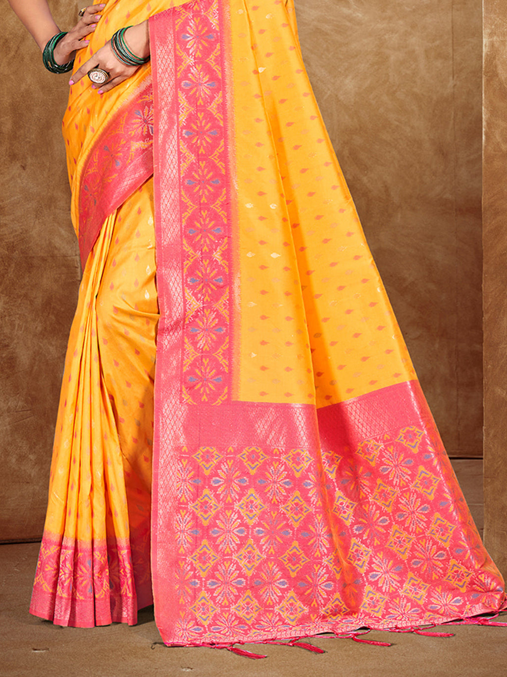 Sangam Prints Mustard Yellow Silk Woven Work Traditional Saree | Grocsy