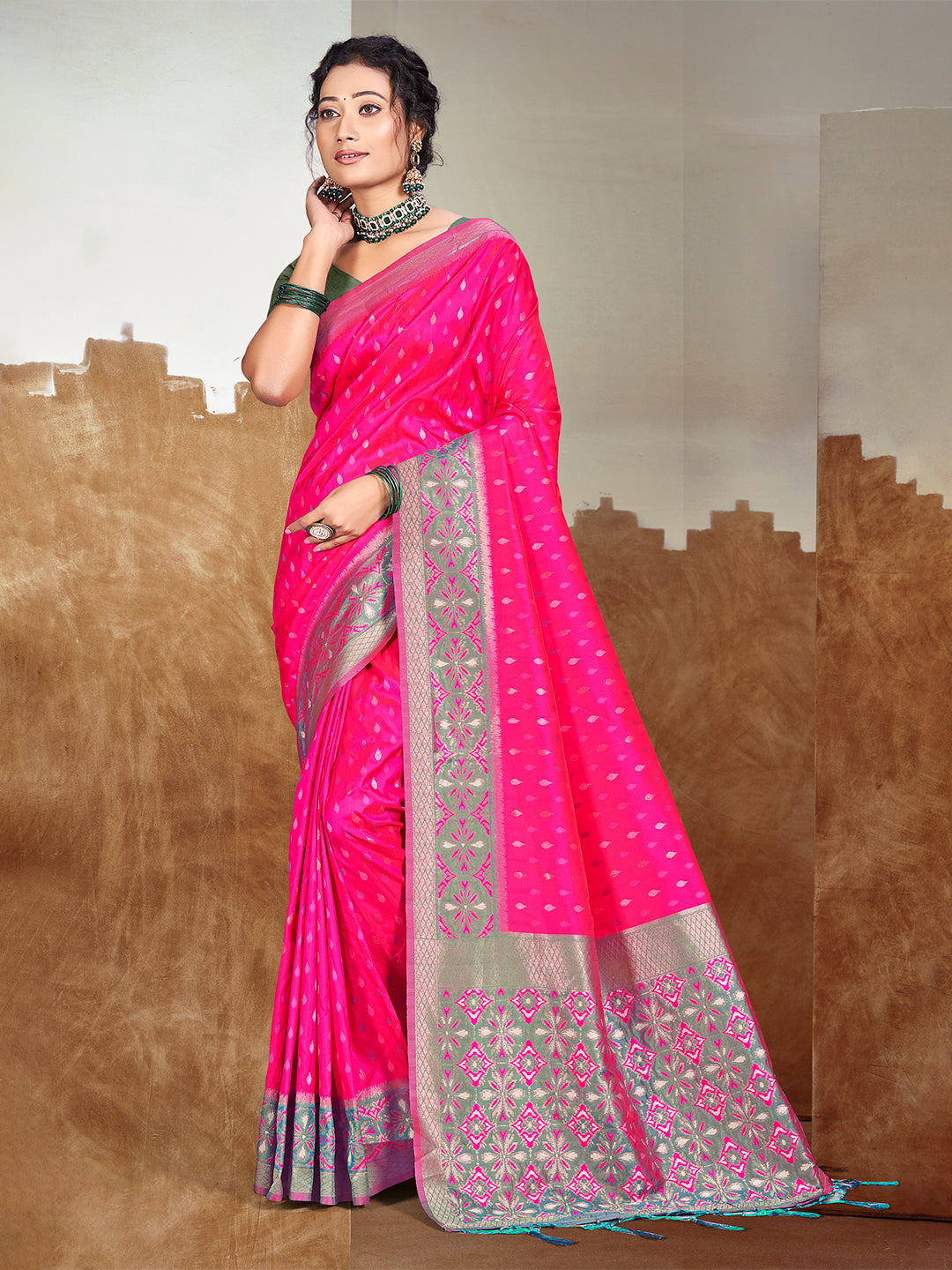 Sangam Prints Pink Silk Woven Work Traditional Saree | Grocsy