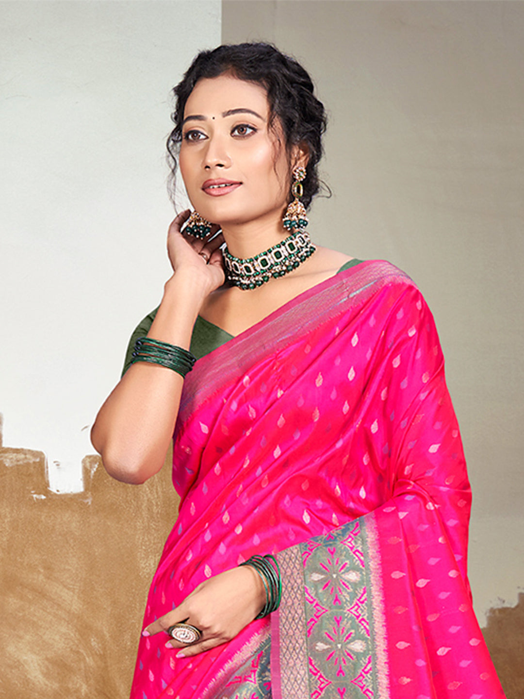 Sangam Prints Pink Silk Woven Work Traditional Saree | Grocsy