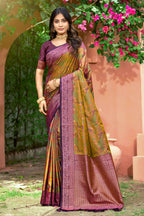 Sangam Prints Mustard Green Soft Silk Woven Work Traditional Saree | Grocsy