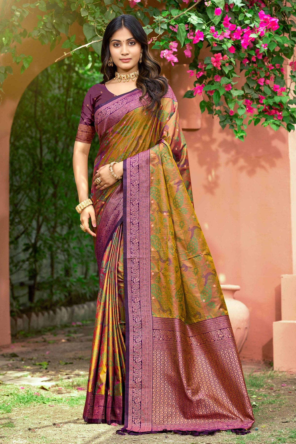 Sangam Prints Mustard Green Soft Silk Woven Work Traditional Saree | Grocsy