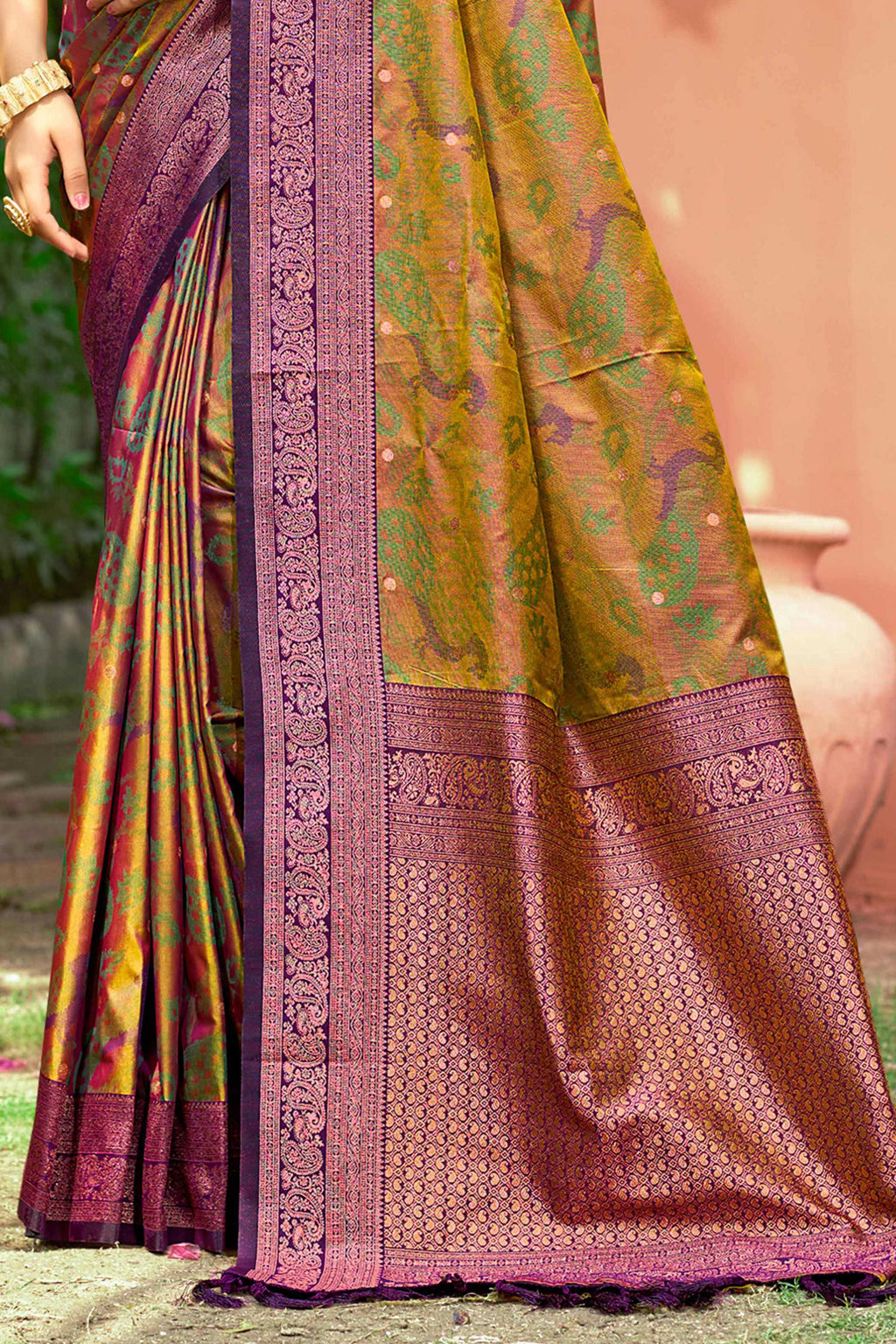 Sangam Prints Mustard Green Soft Silk Woven Work Traditional Saree | Grocsy