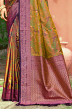 Sangam Prints Mustard Green Soft Silk Woven Work Traditional Saree | Grocsy