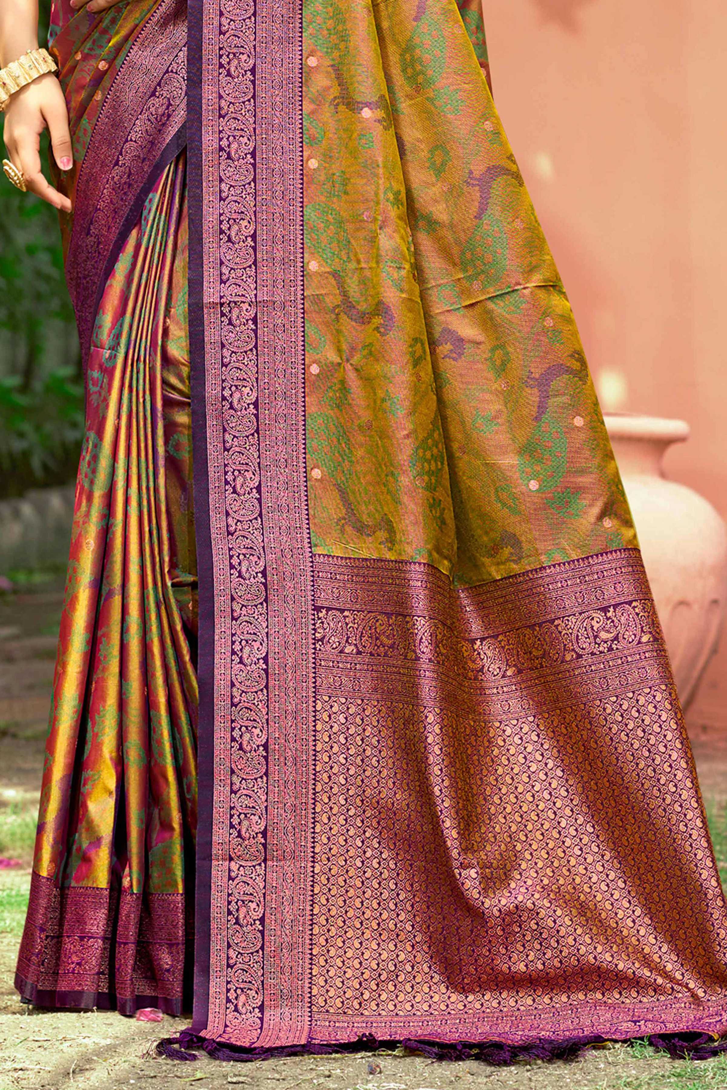 Sangam Prints Mustard Green Soft Silk Woven Work Traditional Saree | Grocsy