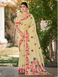 Sangam Prints Light Yellow Linen Woven Work Traditional Saree | Grocsy