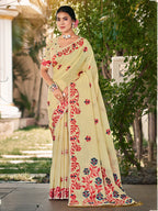 Sangam Prints Light Yellow Linen Woven Work Traditional Saree | Grocsy