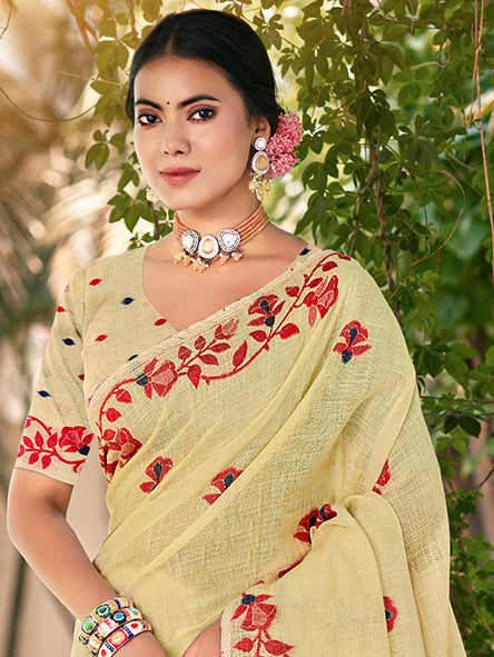 Sangam Prints Light Yellow Linen Woven Work Traditional Saree | Grocsy
