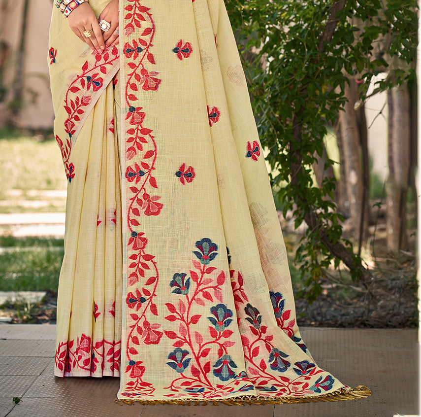 Sangam Prints Light Yellow Linen Woven Work Traditional Saree | Grocsy
