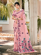 Sangam Prints Light Pink Linen Woven Work Traditional Saree | Grocsy
