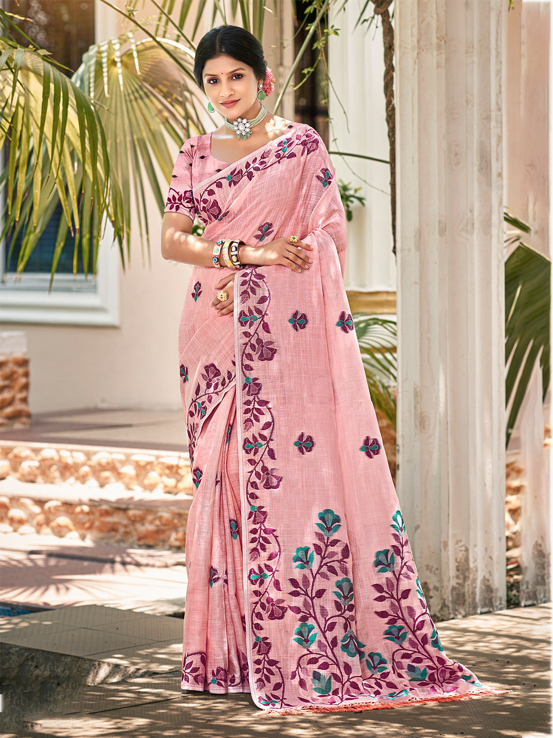 Sangam Prints Light Pink Linen Woven Work Traditional Saree | Grocsy