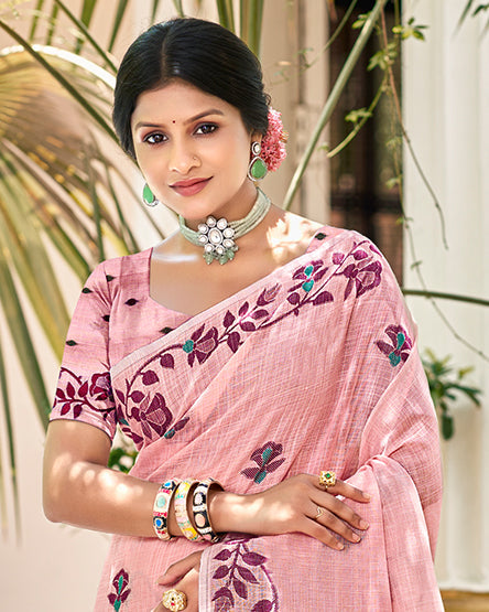 Sangam Prints Light Pink Linen Woven Work Traditional Saree | Grocsy