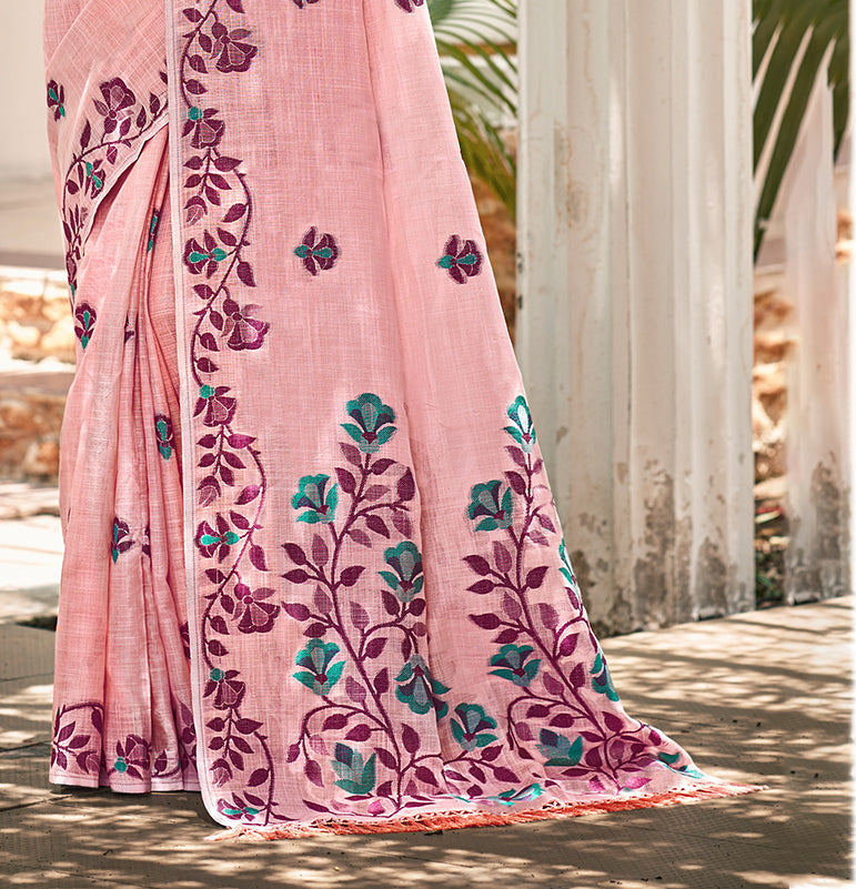 Sangam Prints Light Pink Linen Woven Work Traditional Saree | Grocsy