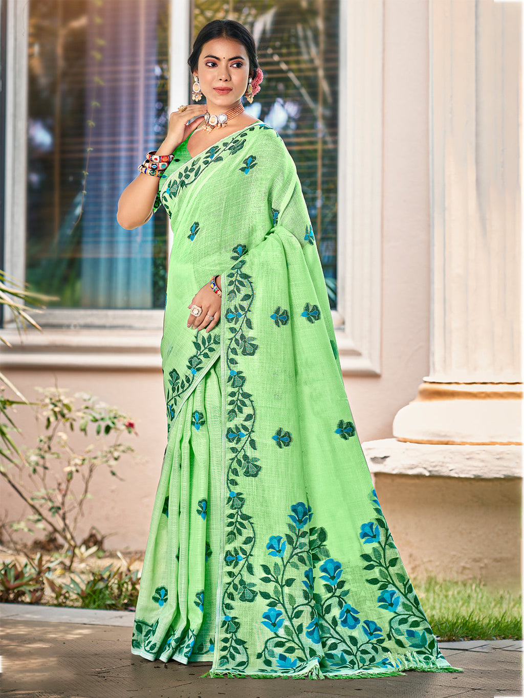 Sangam Prints Light Green Linen Woven Work Traditional Saree | Grocsy