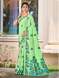 Sangam Prints Light Green Linen Woven Work Traditional Saree | Grocsy