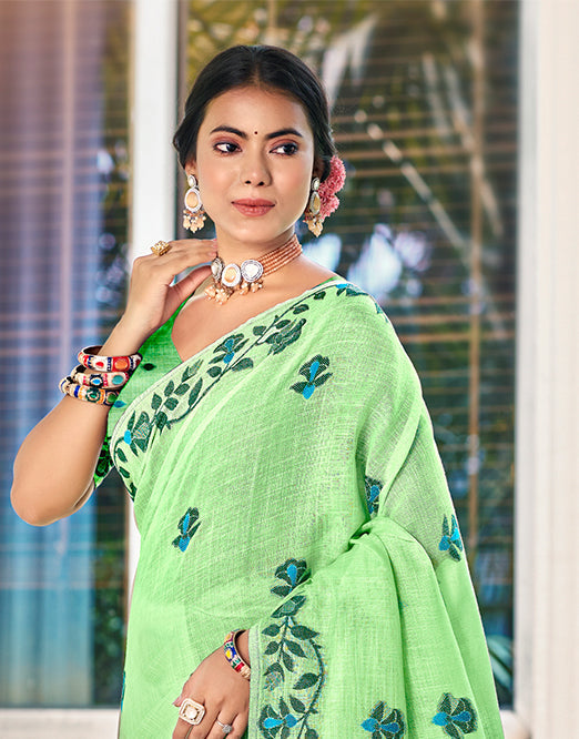 Sangam Prints Light Green Linen Woven Work Traditional Saree | Grocsy
