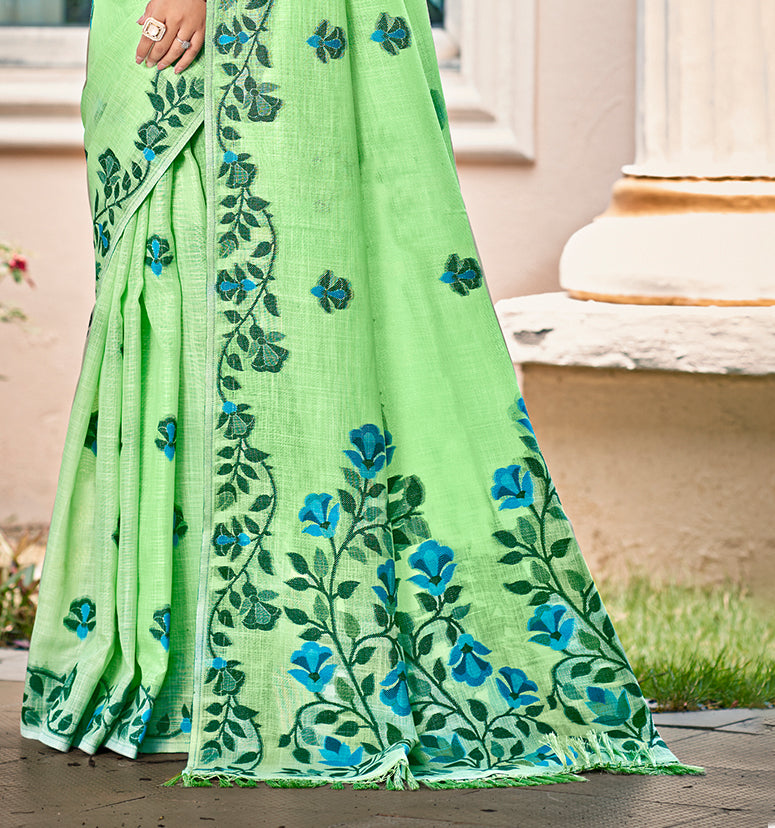 Sangam Prints Light Green Linen Woven Work Traditional Saree | Grocsy