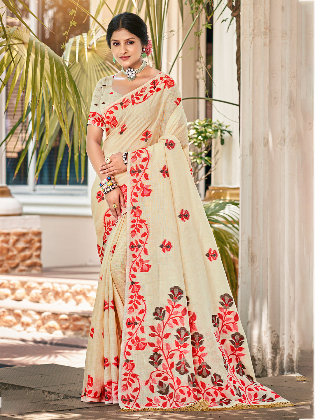 Sangam Prints Cream  Linen Woven Work Traditional Saree | Grocsy