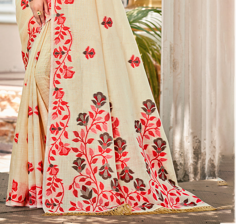 Sangam Prints Cream  Linen Woven Work Traditional Saree | Grocsy