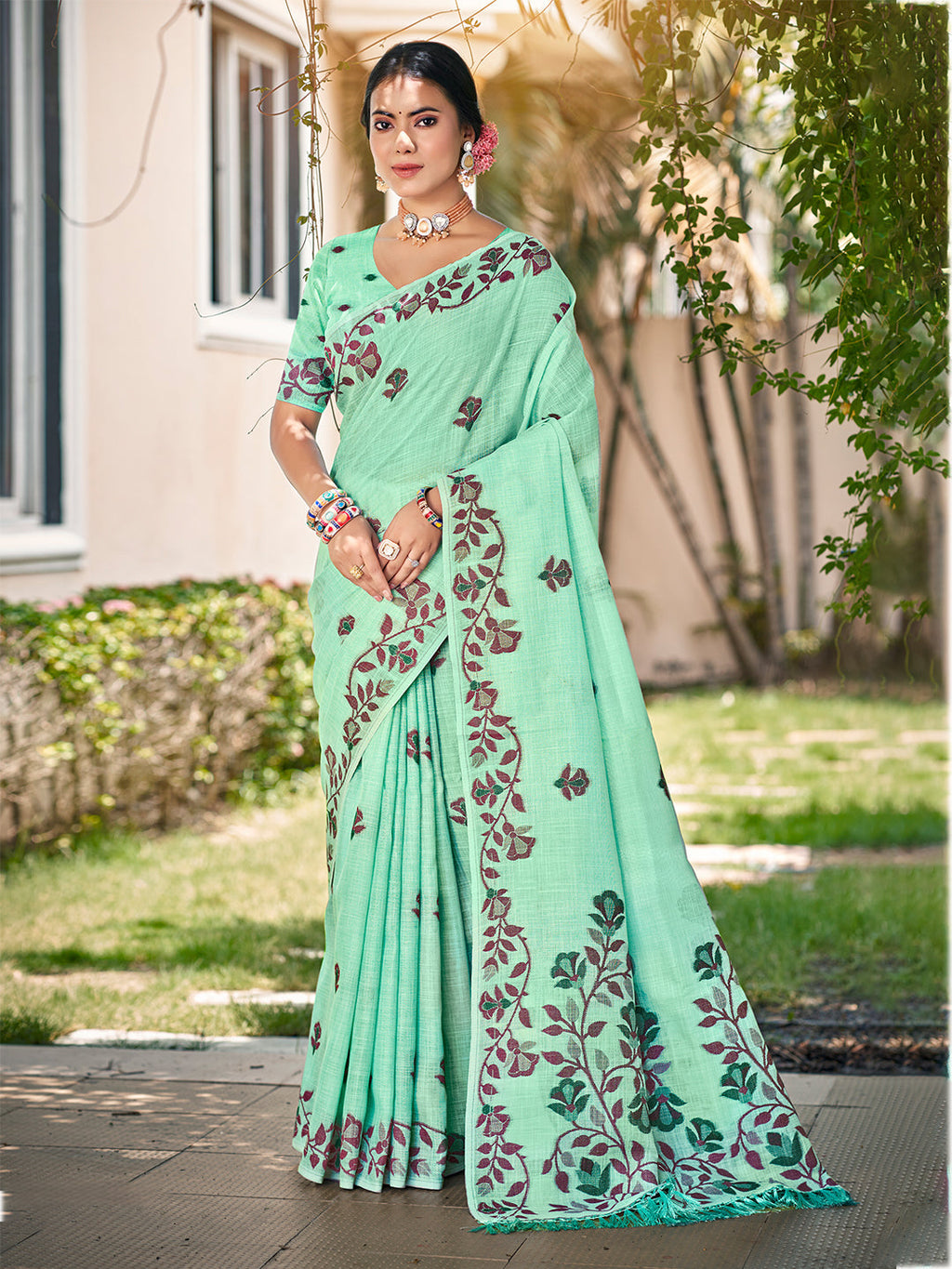 Sangam Prints Mint Green Linen Woven Work Traditional Saree | Grocsy
