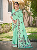 Sangam Prints Mint Green Linen Woven Work Traditional Saree | Grocsy
