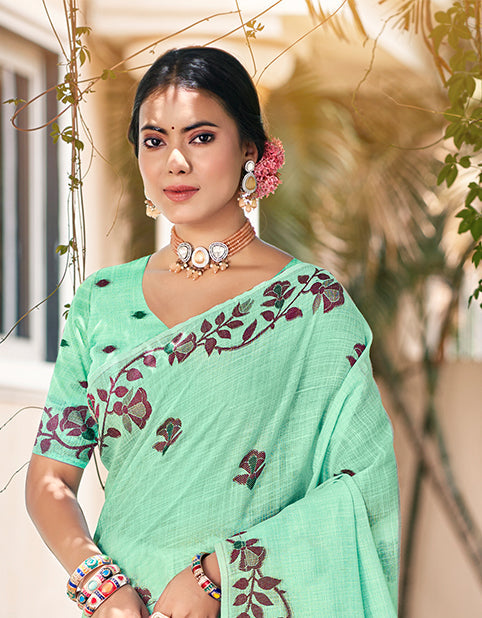 Sangam Prints Mint Green Linen Woven Work Traditional Saree | Grocsy