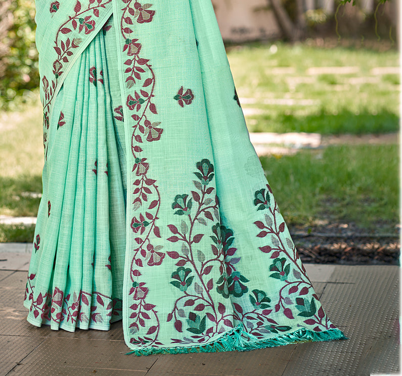 Sangam Prints Mint Green Linen Woven Work Traditional Saree | Grocsy