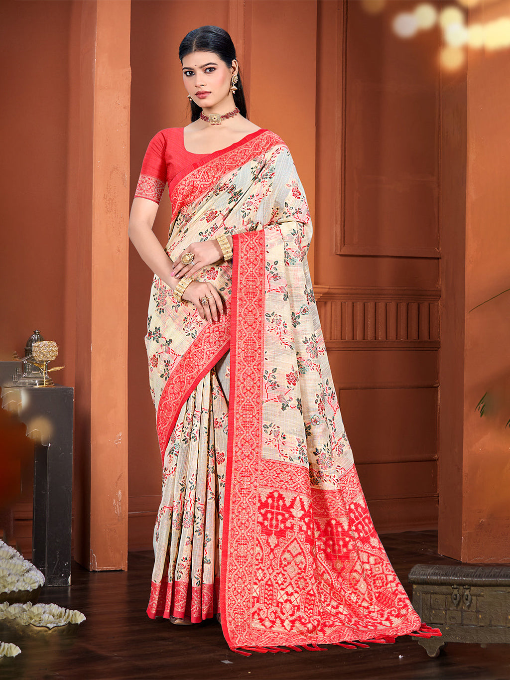 Sangam Prints Beige Cotton Silk With Meena Woven Work Traditional Saree | Grocsy