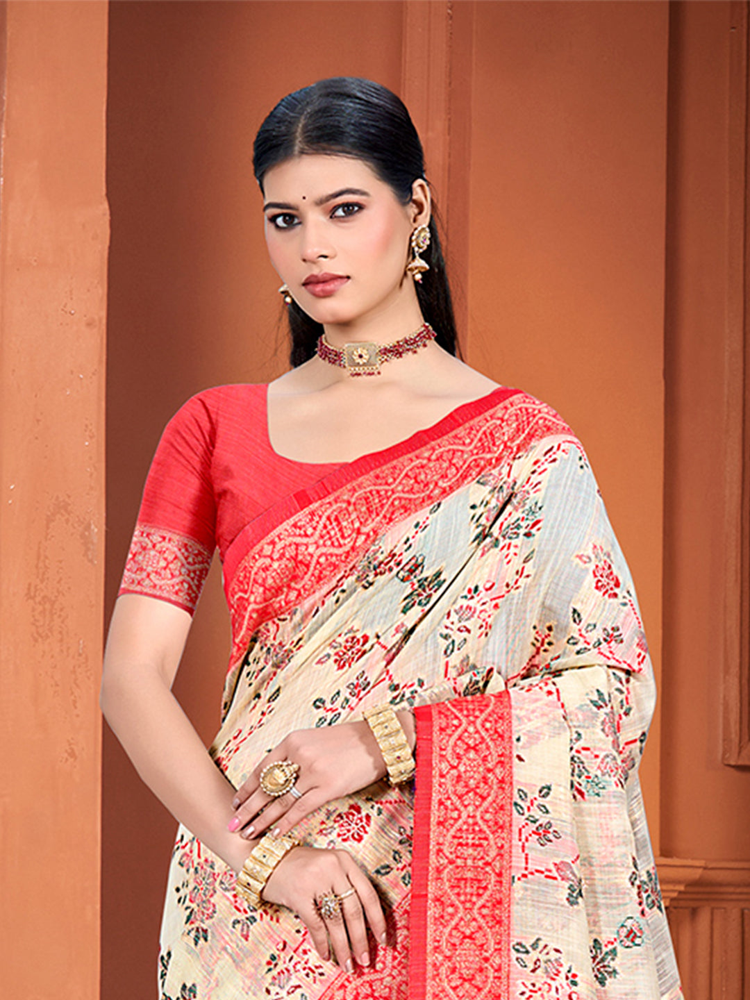 Sangam Prints Beige Cotton Silk With Meena Woven Work Traditional Saree | Grocsy