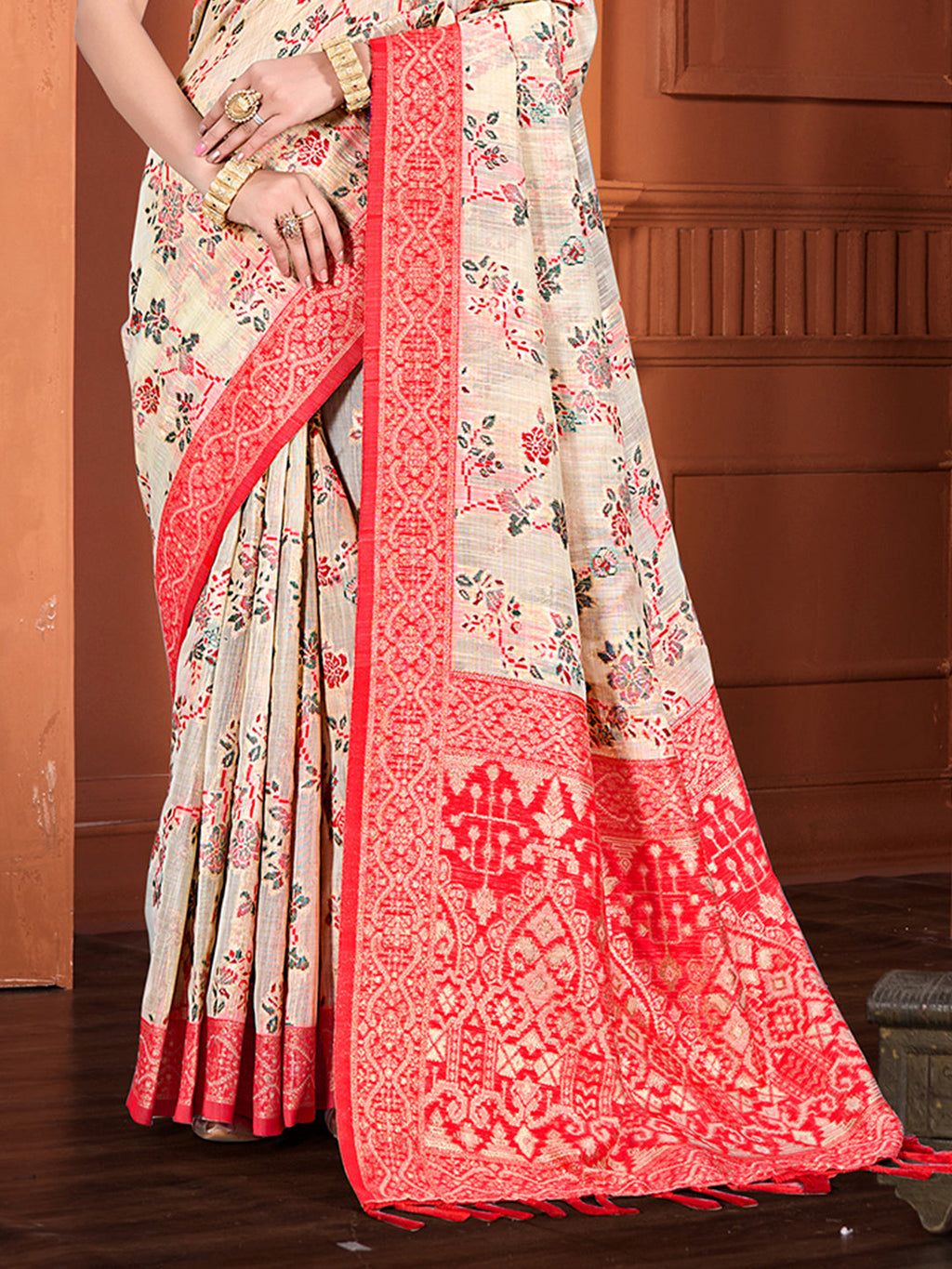 Sangam Prints Beige Cotton Silk With Meena Woven Work Traditional Saree | Grocsy
