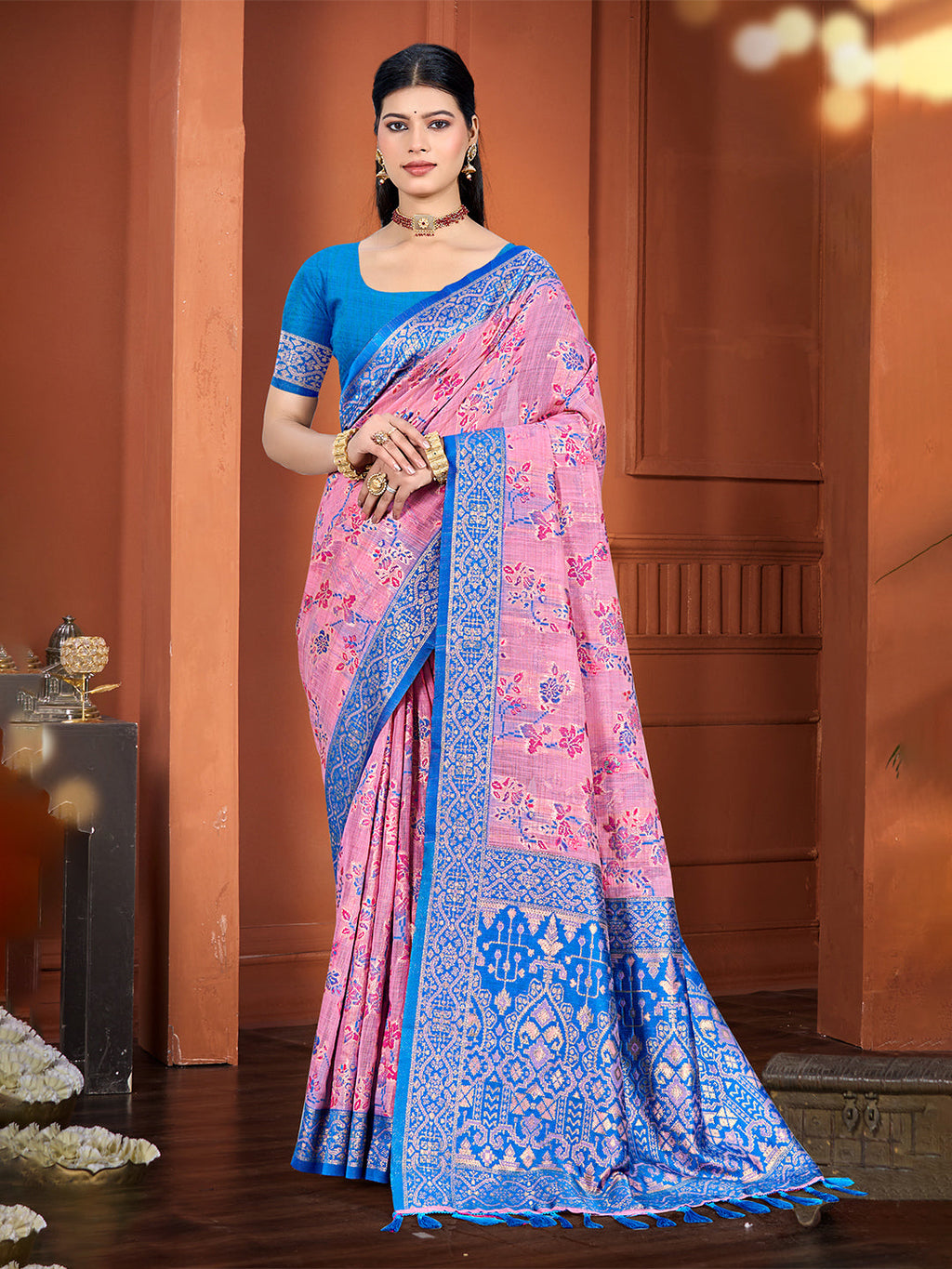 Sangam Prints Pink Cotton Silk With Meena Woven Work Traditional Saree | Grocsy