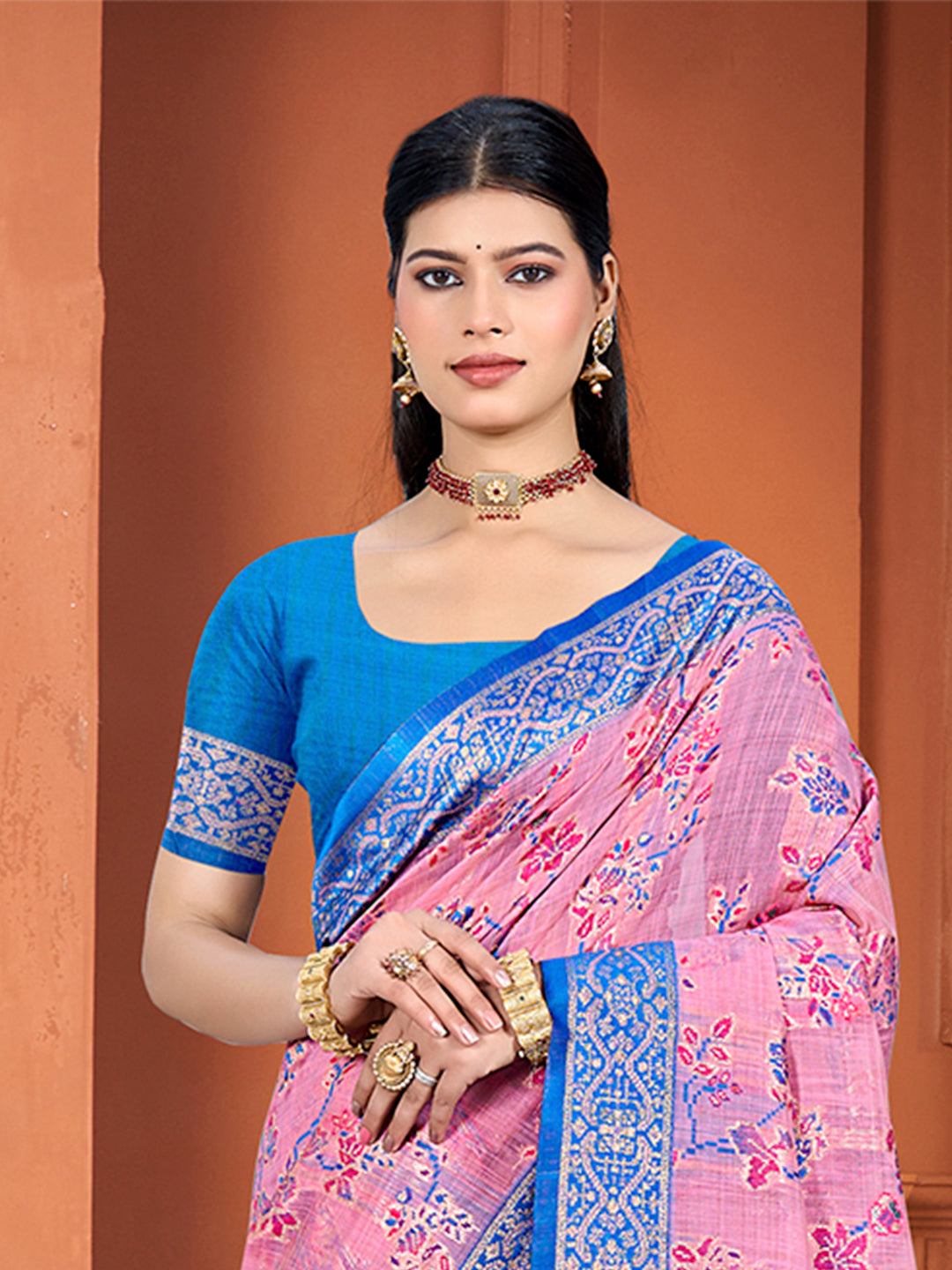 Sangam Prints Pink Cotton Silk With Meena Woven Work Traditional Saree | Grocsy