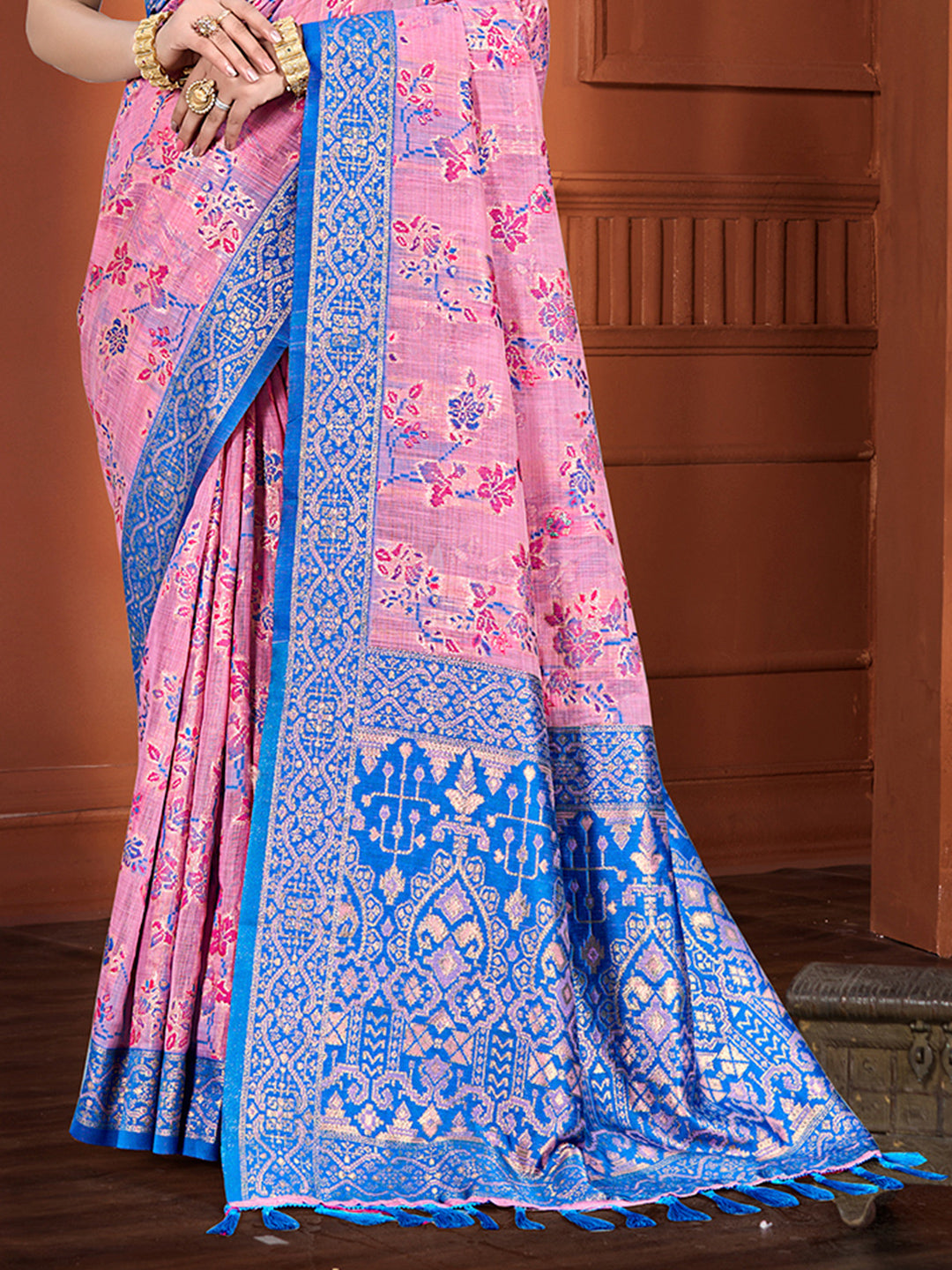 Sangam Prints Pink Cotton Silk With Meena Woven Work Traditional Saree | Grocsy