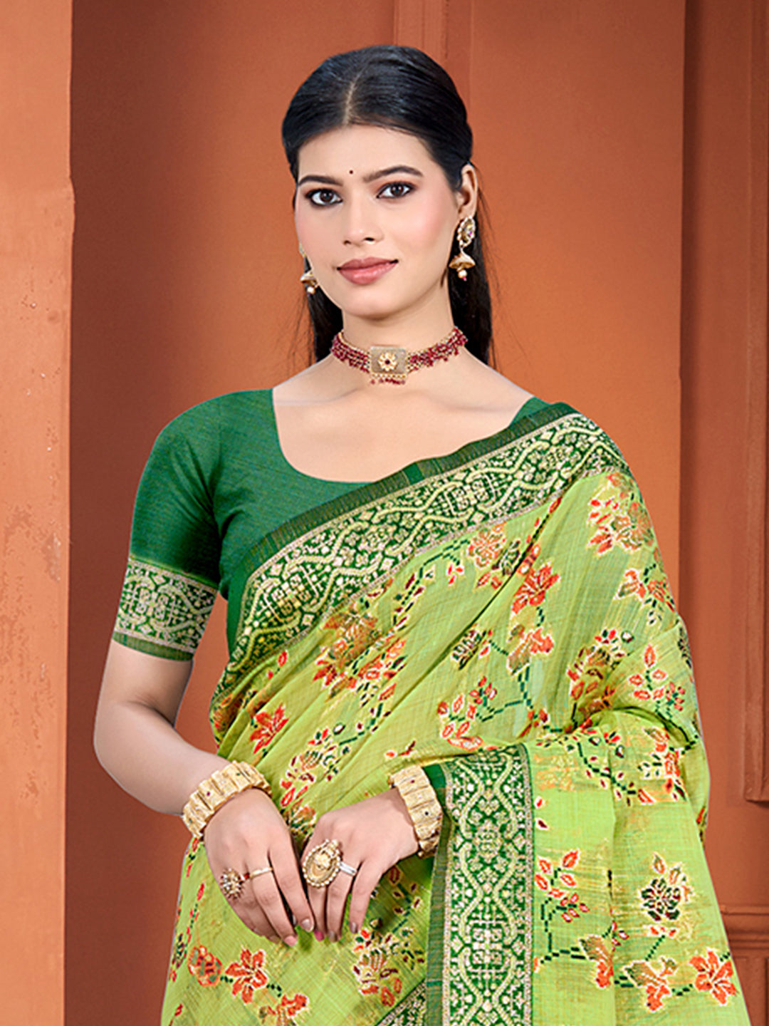Sangam Prints Green Cotton Silk With Meena Woven Work Traditional Saree | Grocsy