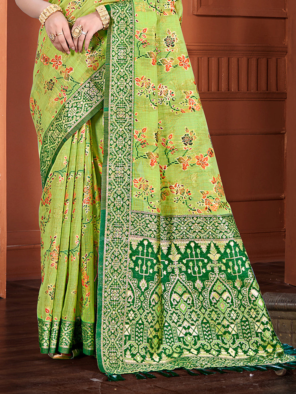 Sangam Prints Green Cotton Silk With Meena Woven Work Traditional Saree | Grocsy