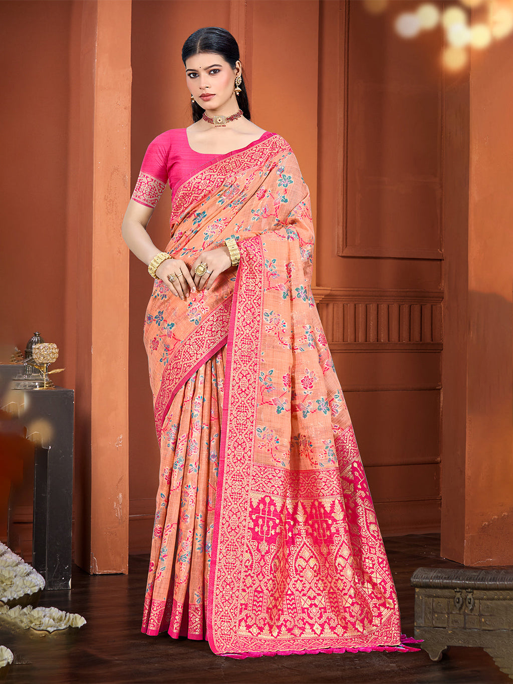 Sangam Prints Peach Cotton Silk With Meena Woven Work Traditional Saree | Grocsy