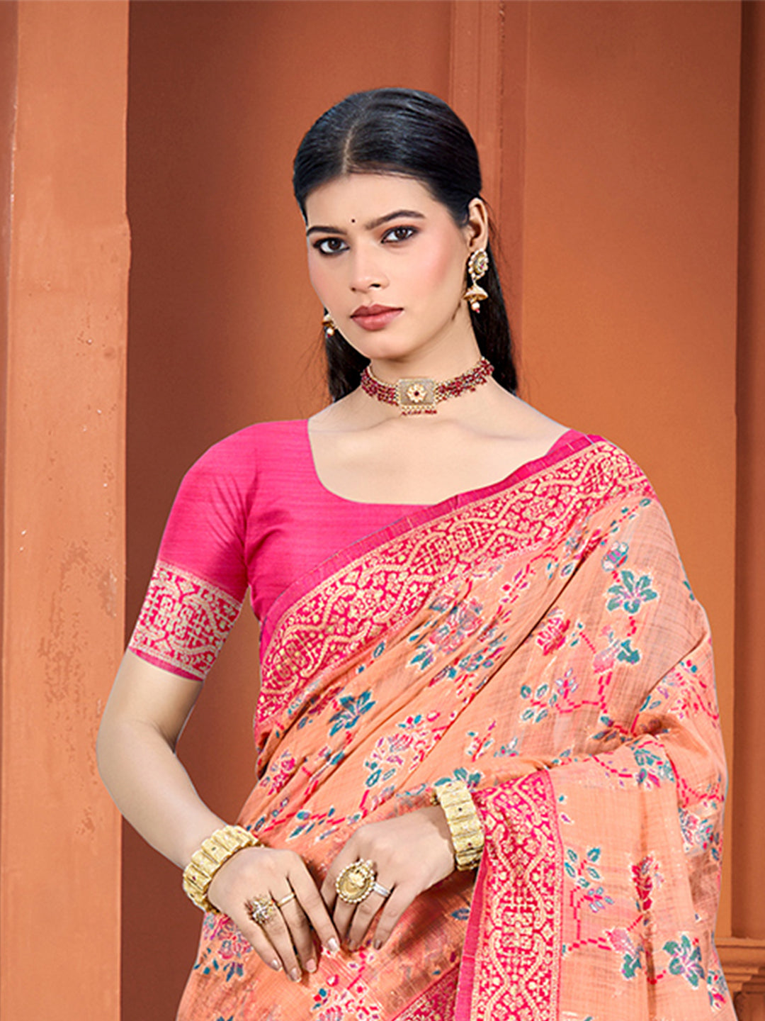 Sangam Prints Peach Cotton Silk With Meena Woven Work Traditional Saree | Grocsy