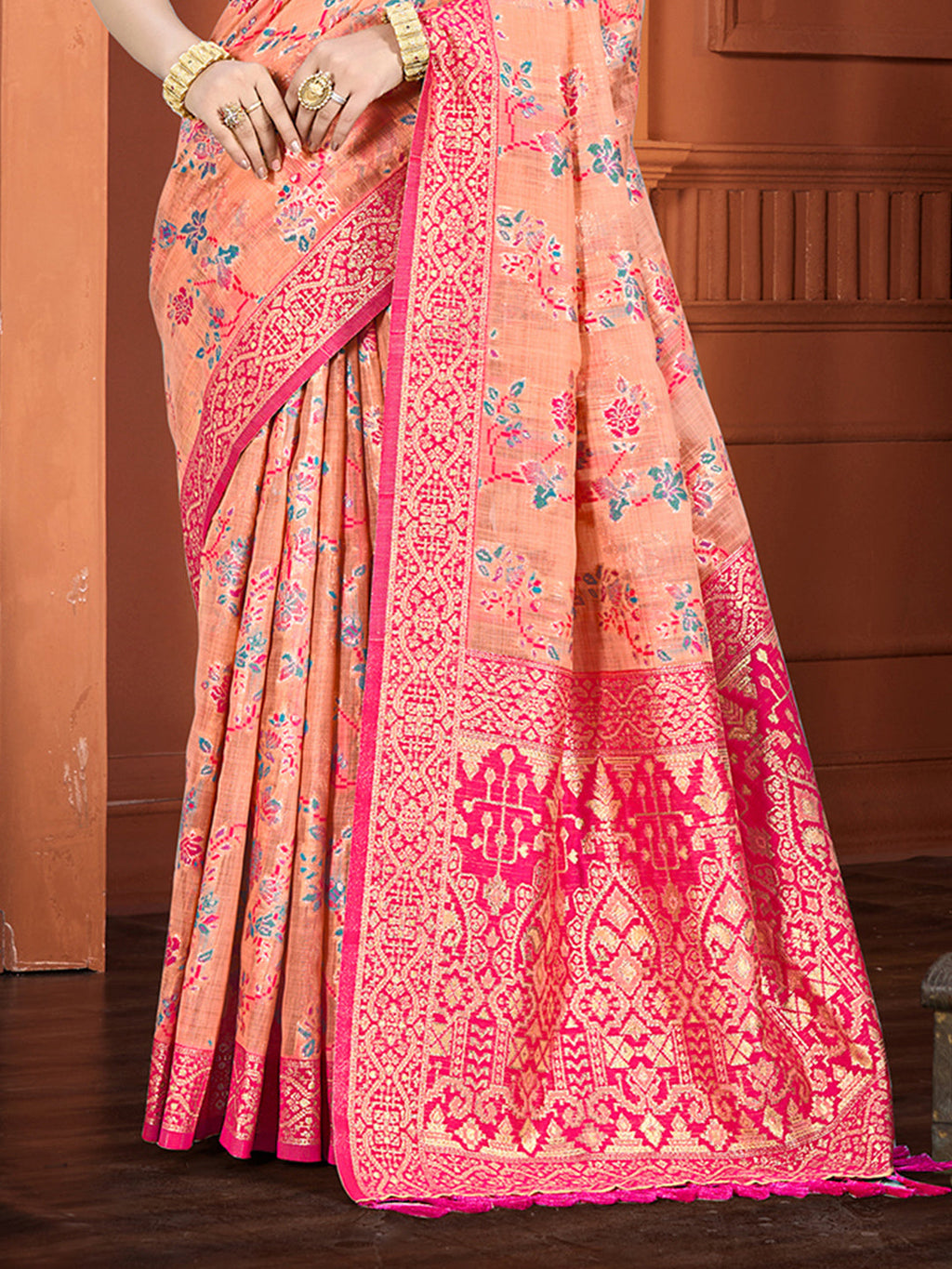 Sangam Prints Peach Cotton Silk With Meena Woven Work Traditional Saree | Grocsy