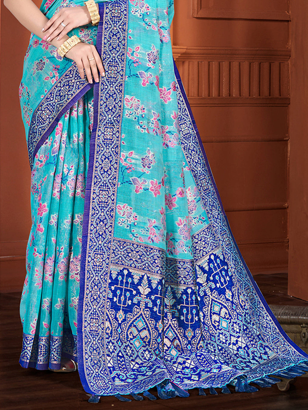 Sangam Prints Blue  Cotton Silk With Meena Woven Work Traditional Saree | Grocsy
