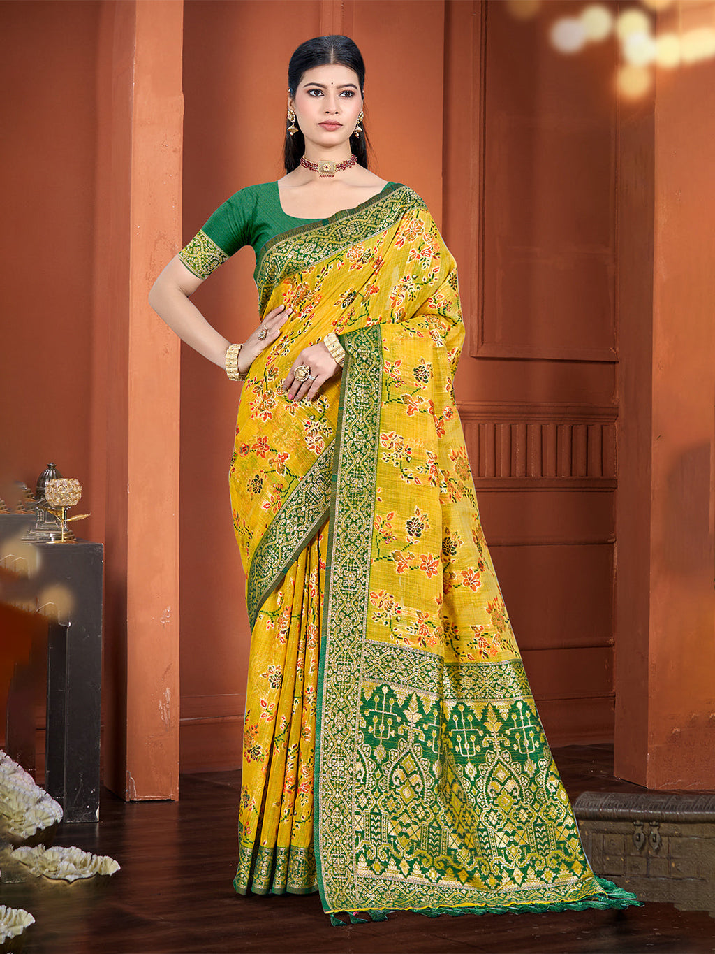 Sangam Prints Yellow Cotton Silk With Meena Woven Work Traditional Saree | Grocsy