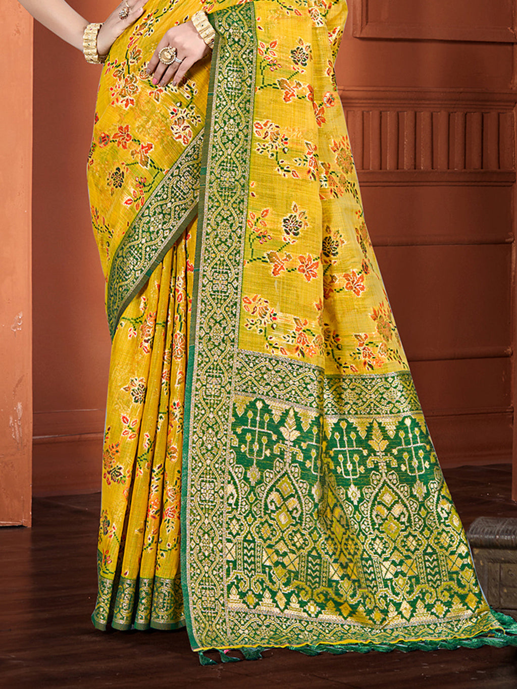 Sangam Prints Yellow Cotton Silk With Meena Woven Work Traditional Saree | Grocsy