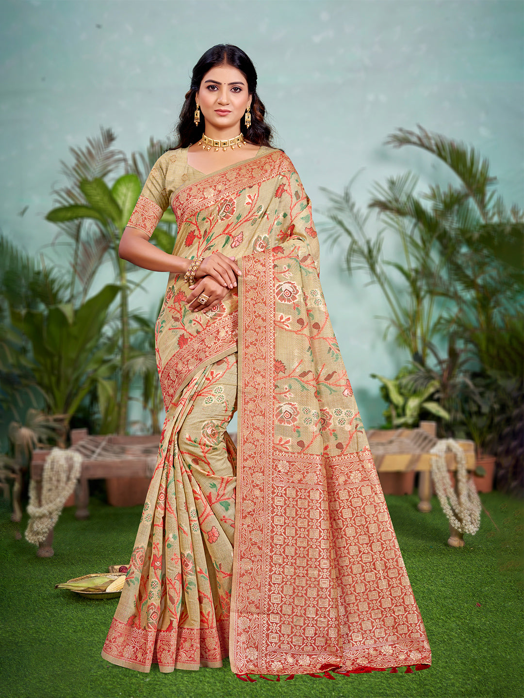 Sangam Prints Beige Cotton Silk With Meena Woven Work Traditional Saree | Grocsy