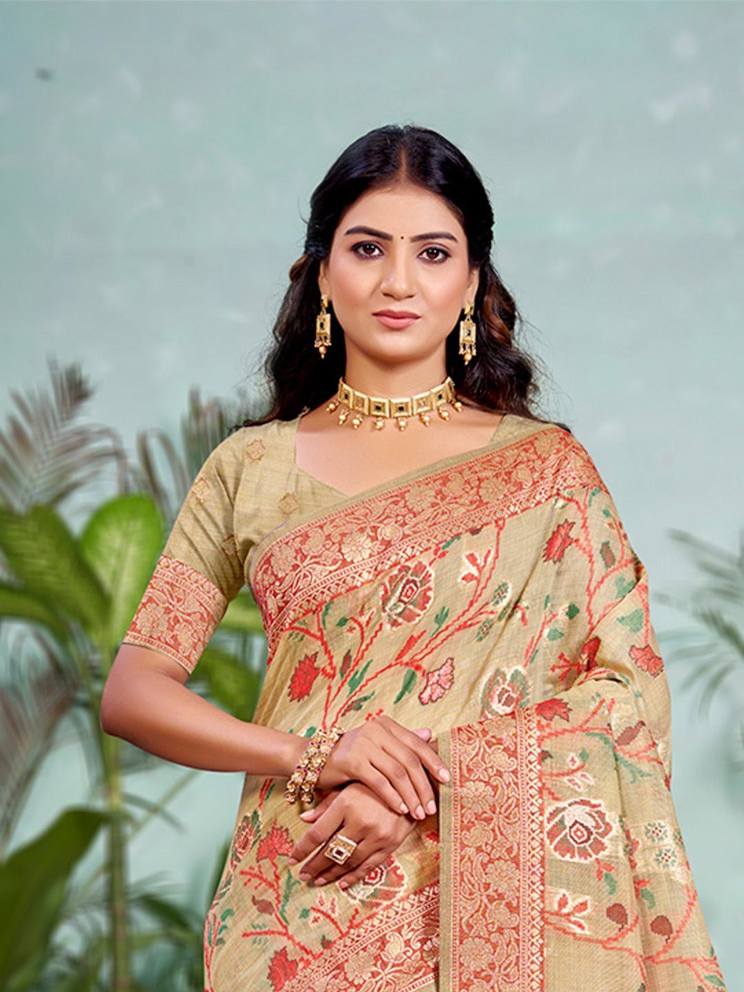 Sangam Prints Beige Cotton Silk With Meena Woven Work Traditional Saree | Grocsy