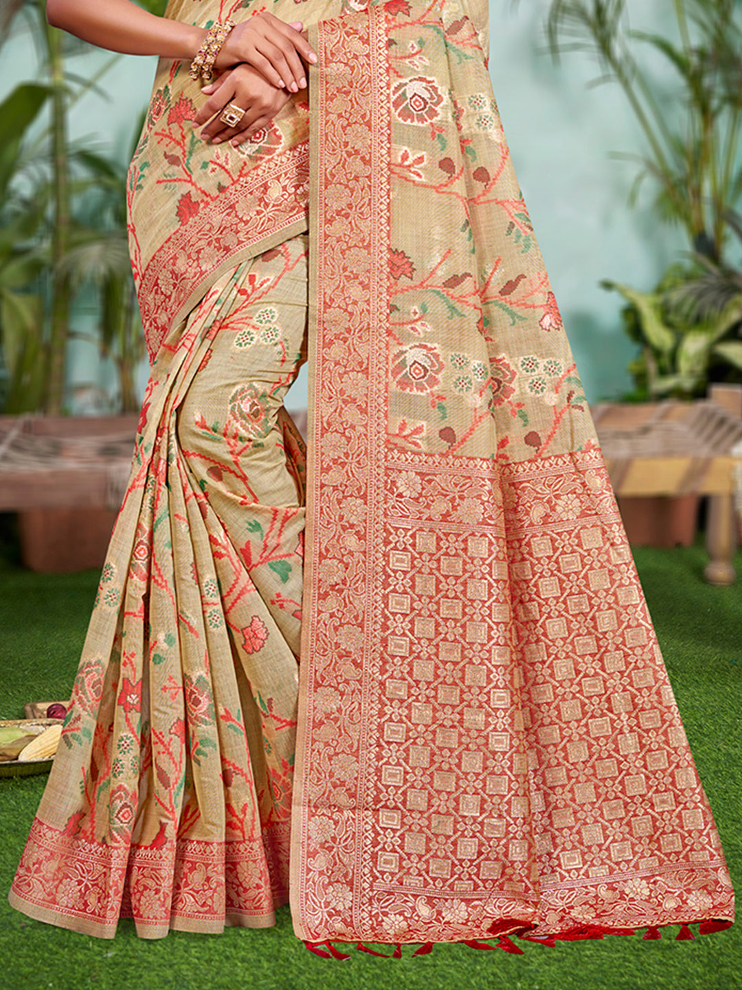 Sangam Prints Beige Cotton Silk With Meena Woven Work Traditional Saree | Grocsy