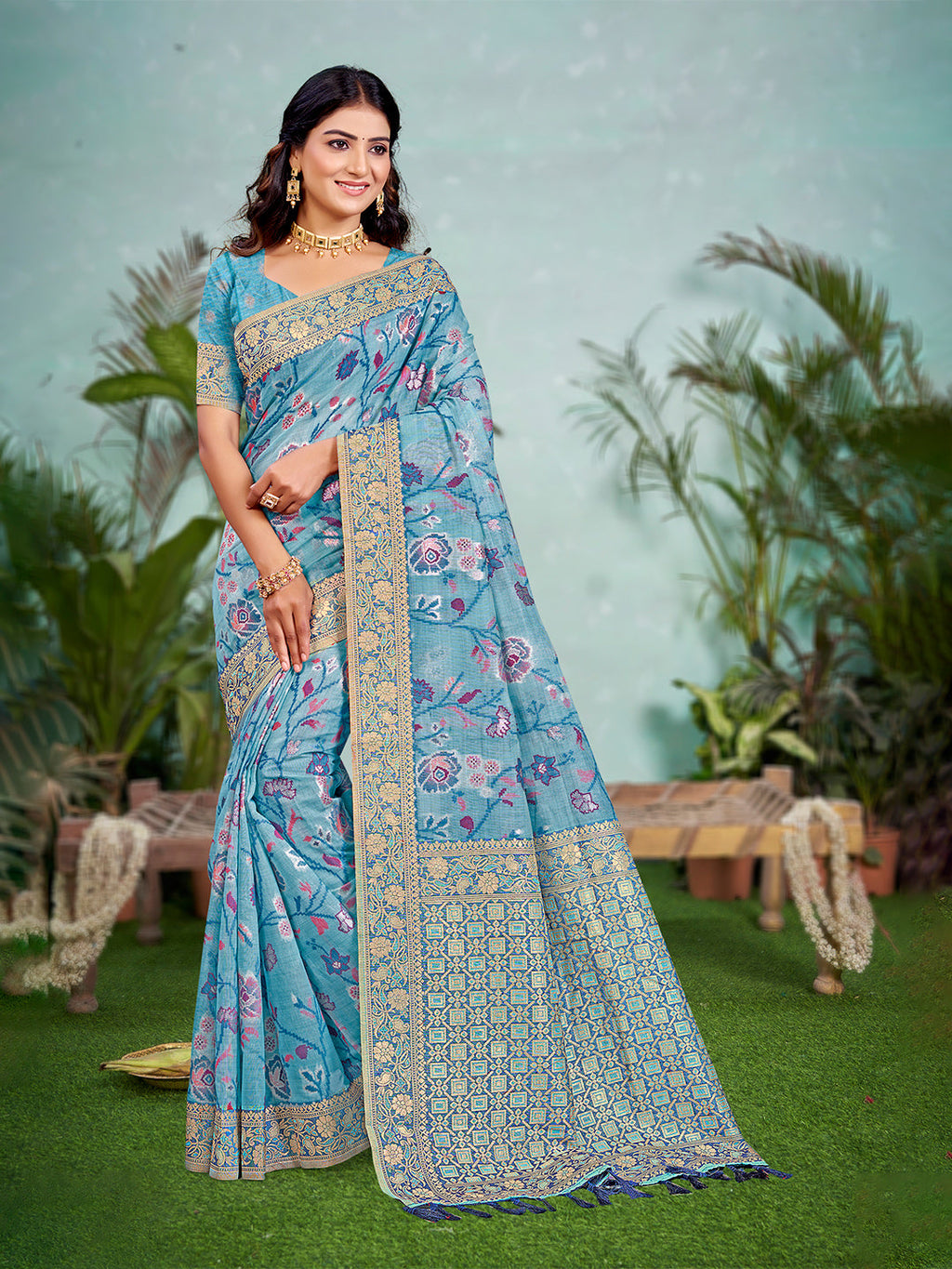 Sangam Prints Sky Blue  Cotton Silk With Meena Woven Work Traditional Saree | Grocsy