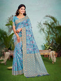 Sangam Prints Sky Blue  Cotton Silk With Meena Woven Work Traditional Saree | Grocsy