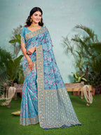 Sangam Prints Sky Blue  Cotton Silk With Meena Woven Work Traditional Saree | Grocsy