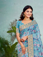 Sangam Prints Sky Blue  Cotton Silk With Meena Woven Work Traditional Saree | Grocsy