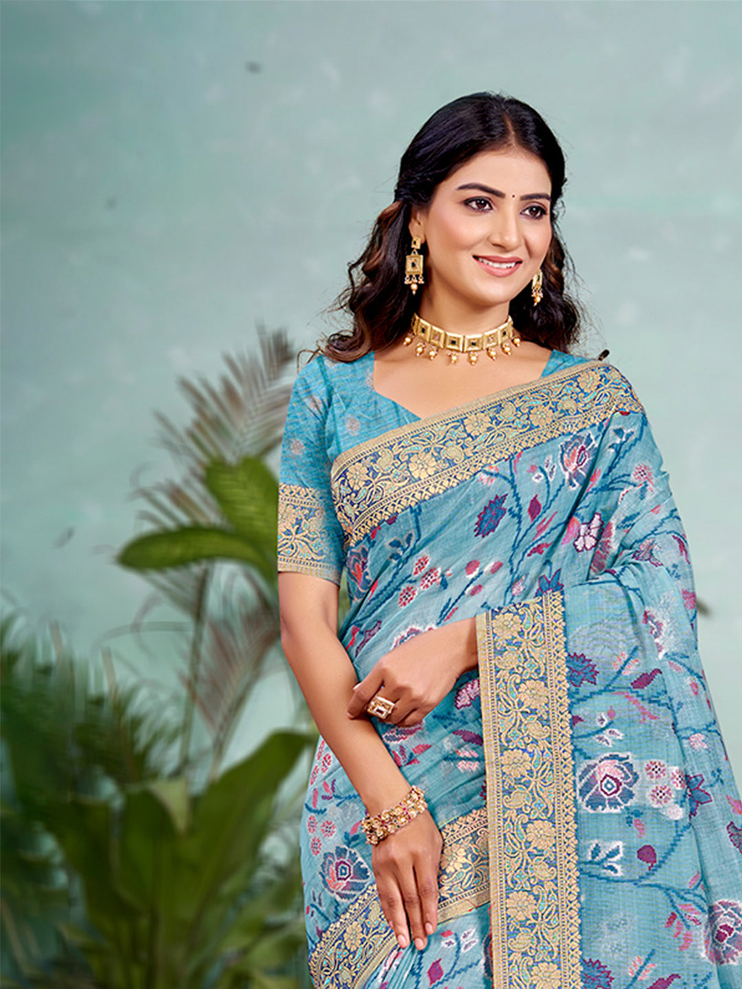 Sangam Prints Sky Blue  Cotton Silk With Meena Woven Work Traditional Saree | Grocsy